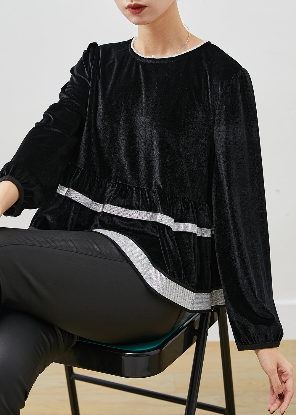 Black O-neck Patchwork Silk Velvet Sweatshirt Top Spring