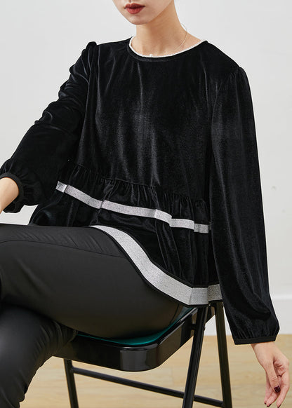 Black O-neck Patchwork Silk Velvet Sweatshirt Top Spring