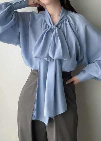 Blue Bow Oversized Silk Tops Lantern Sleeve Fall