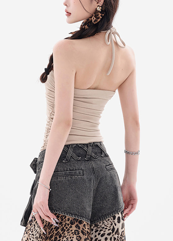 Slim Fit Apricot Zippered Lace Up Patchwork Cotton Tank Sleeveless