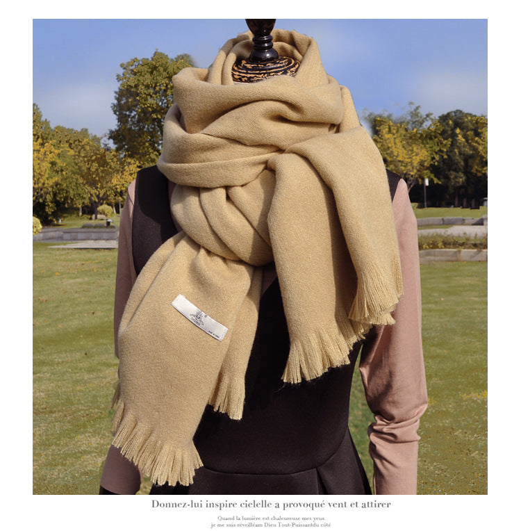 Women's Solid-color Cashmere Scarf with Thick Tassels