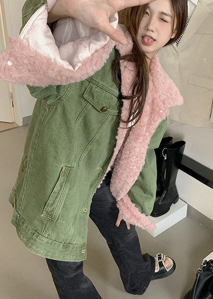 Art Green Oversized Pockets Fleece Wool Lined Jackets Winter