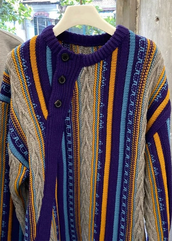Striped O Neck Patchwork Cozy Knit Sweaters Long Sleeve