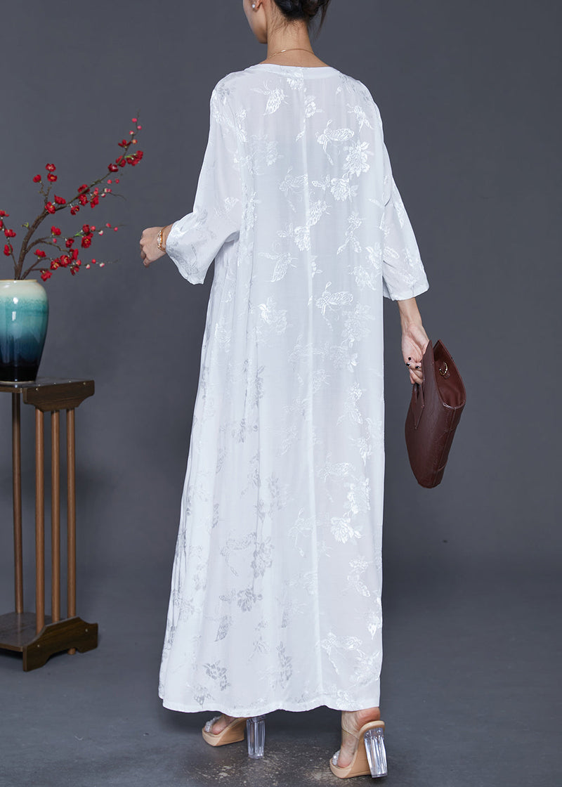 White Square Collar Embroideried Silk Ankle Dress Fall