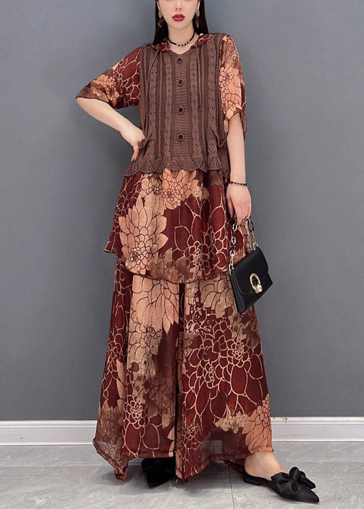 Brown Hooded Knit Patchwork Chiffon Tops and Wide Leg Pants Two Pieces Half Sleeve Spring