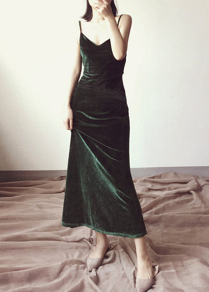 Green V Neck Velour Spaghetti Strap Dress Fall