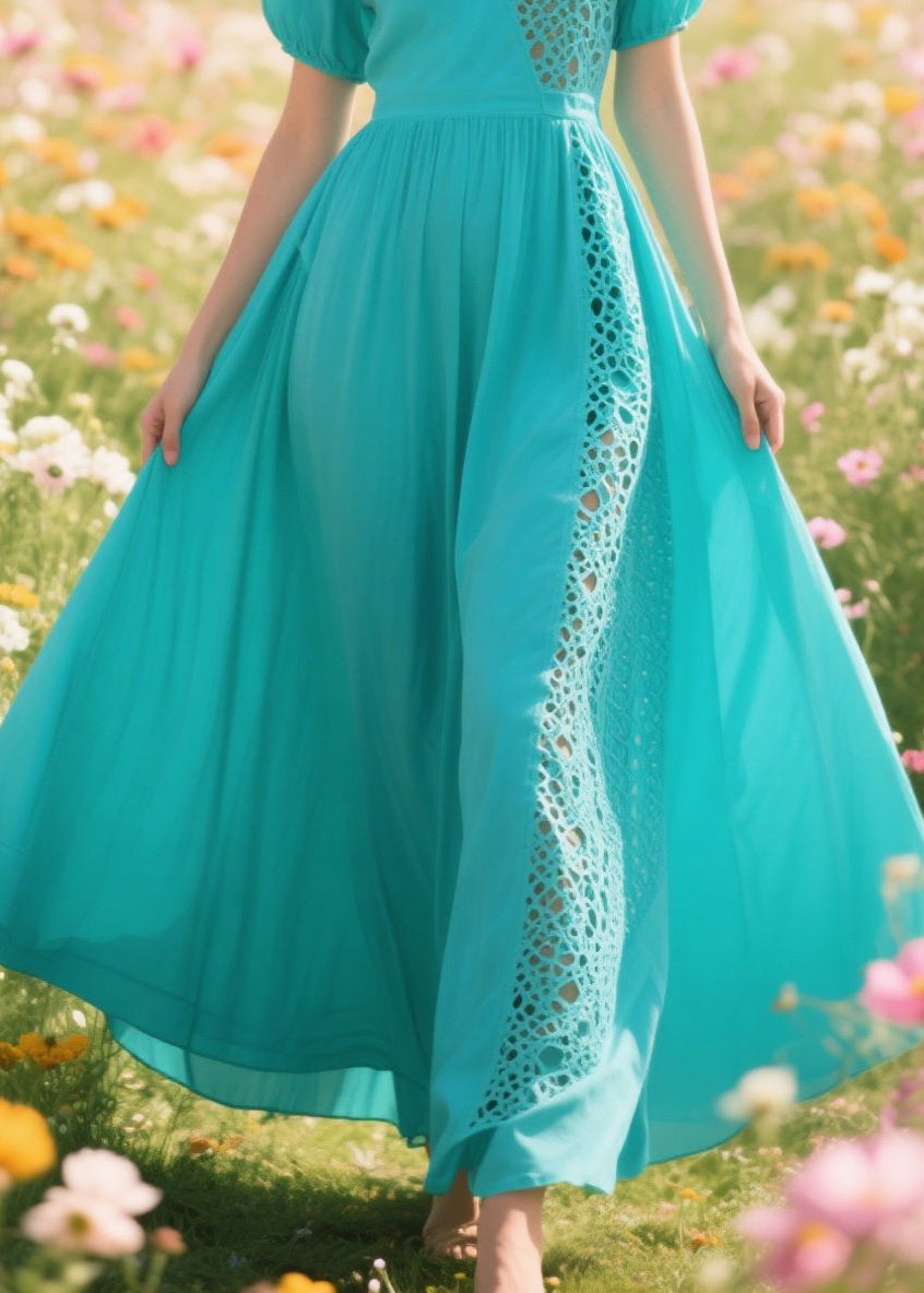 Blue Hollow Out Patchwork Cotton Long Dresses Summer