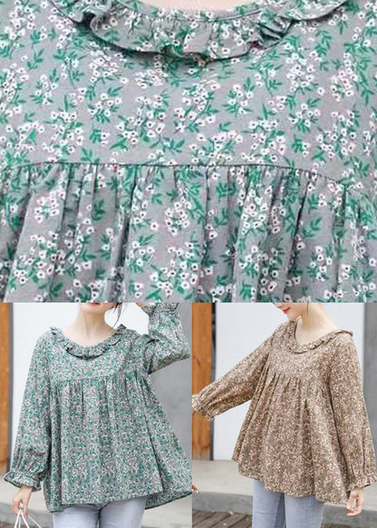 Khaki Ruffled Print Cotton Shirt Tops Long Sleeve Fall