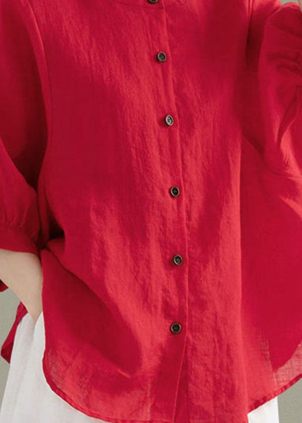 Art White Patchwork O-neck Button Linen Loose Shirt Top Lantern Sleeve