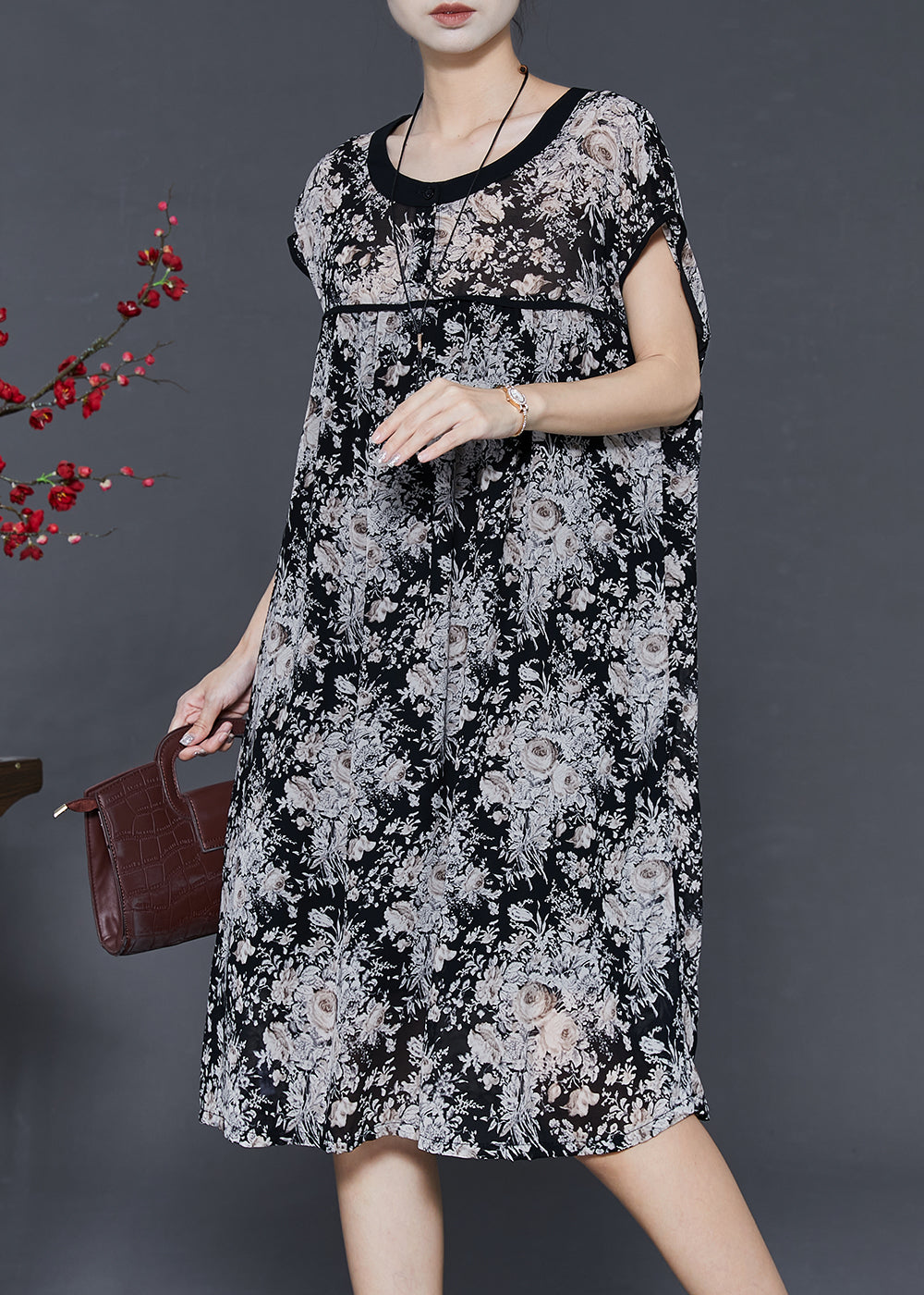 Black Oversized Print Chiffon Maxi Dress Summer