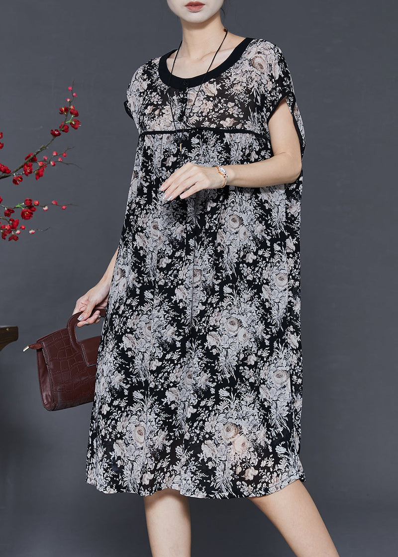 Black Oversized Print Chiffon Maxi Dress Summer