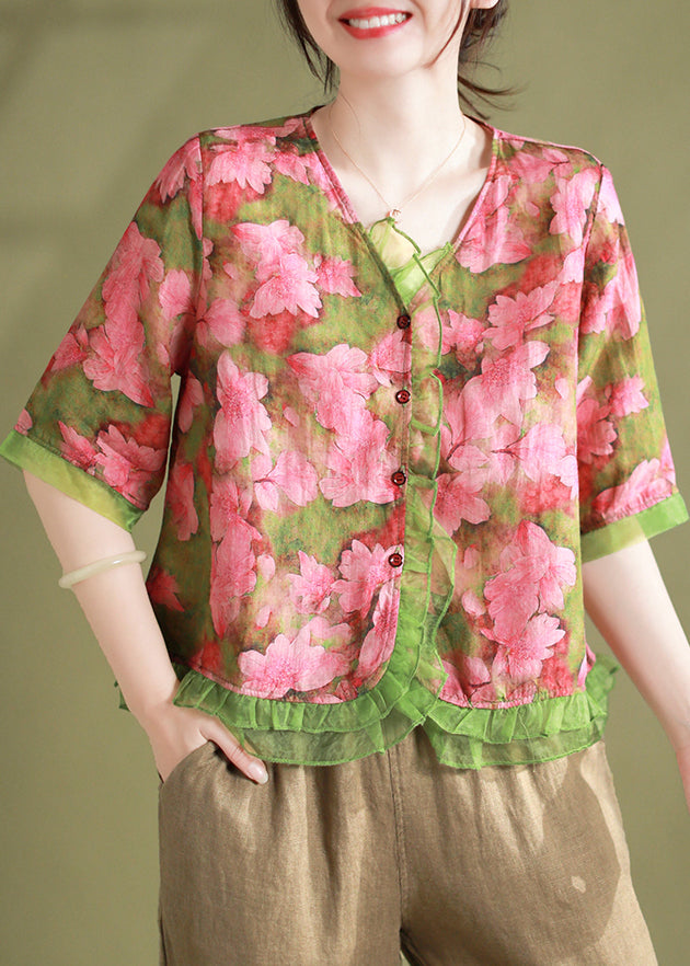 Green V Neck Print Patchwork Linen Shirts Summer