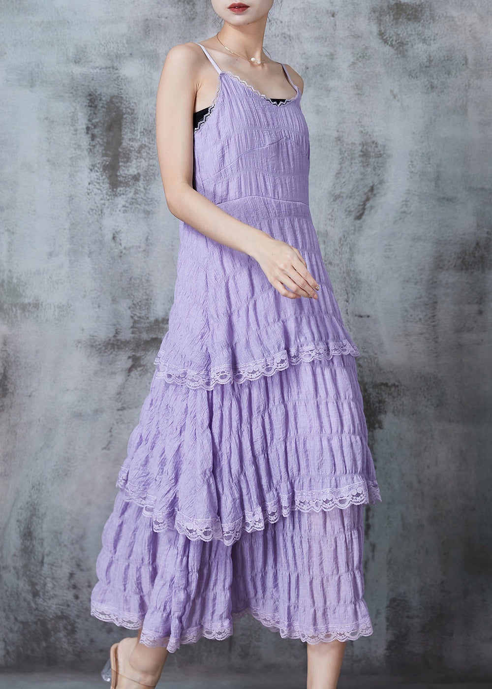 Lavender Wrinkled Patchwork Lace Cotton Sundress Summer