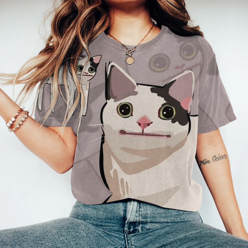 Art Cat Print Round Neck Short Sleeve T-Shirt elevenforest