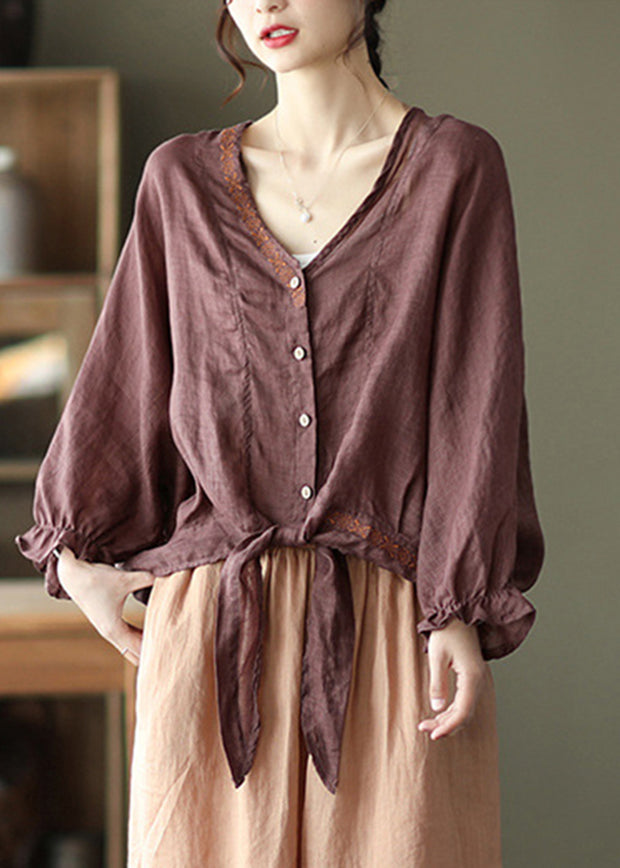Style Dark Brown Tie Waist V Neck Embroideried Cotton Tops Batwing Sleeve