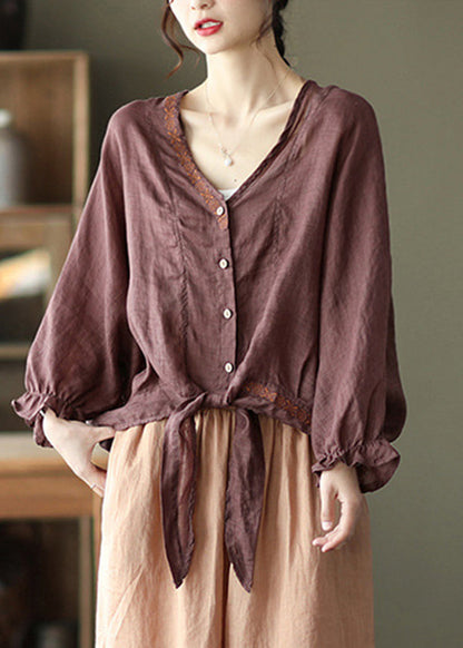 Style Dark Brown Tie Waist V Neck Embroideried Cotton Tops Batwing Sleeve