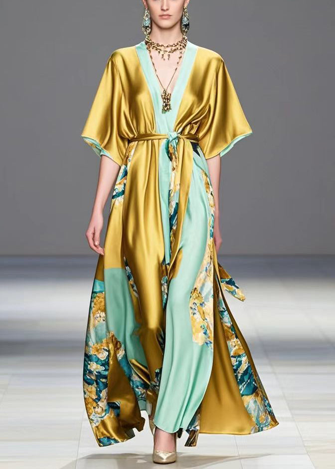 Diy Golden Tie Waist Print Silk Maxi Dress Summer
