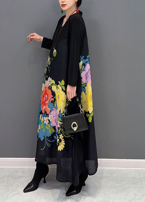 Black V Neck Patchwork Print a Line Dress Spring
