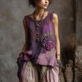 Vintage Purple Roses Lace Patchwork Linen Tank Top artswardrobe