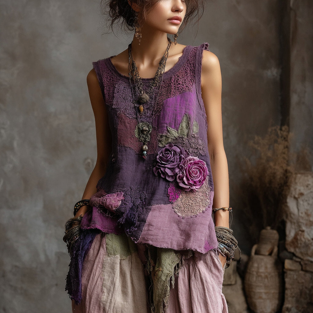 Vintage Purple Roses Lace Patchwork Linen Tank Top artswardrobe