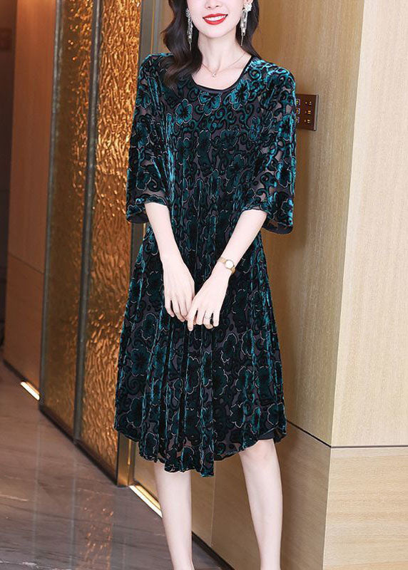 Green O-neck Oversized Print Silk Velour Party Dress Half Sleeve Spring