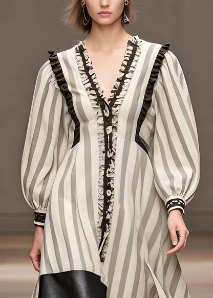 White Ruffled Patchwork Striped Cotton Dress Spring (ships in 15 Business Days)