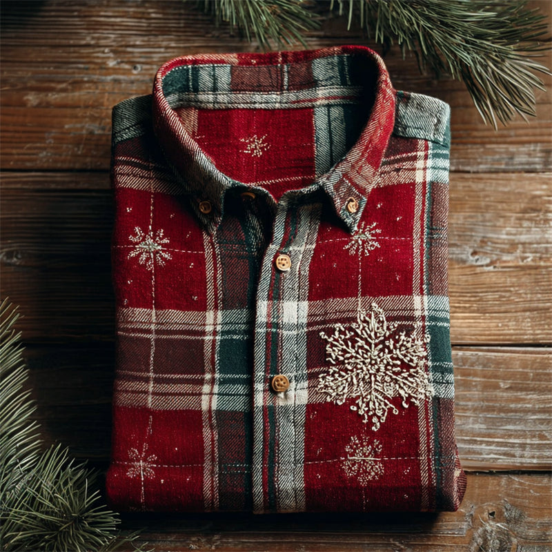 Christmas Snowflakes Embroidered Plaid Linen Shirt artswardrobe