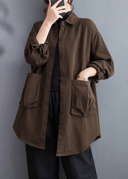 Loose Coffee Pockets Cotton Shirts Long Sleeve