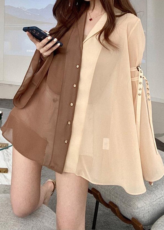 Peter Pan Collar Patchwork Button Chiffon Shirts Flare Sleeve