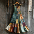 Comstylish Sashiko Cute Cat Patchwork Maxi Dress