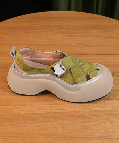 Splicing Platform Sandals Khaki Faux Leather Hollow Out