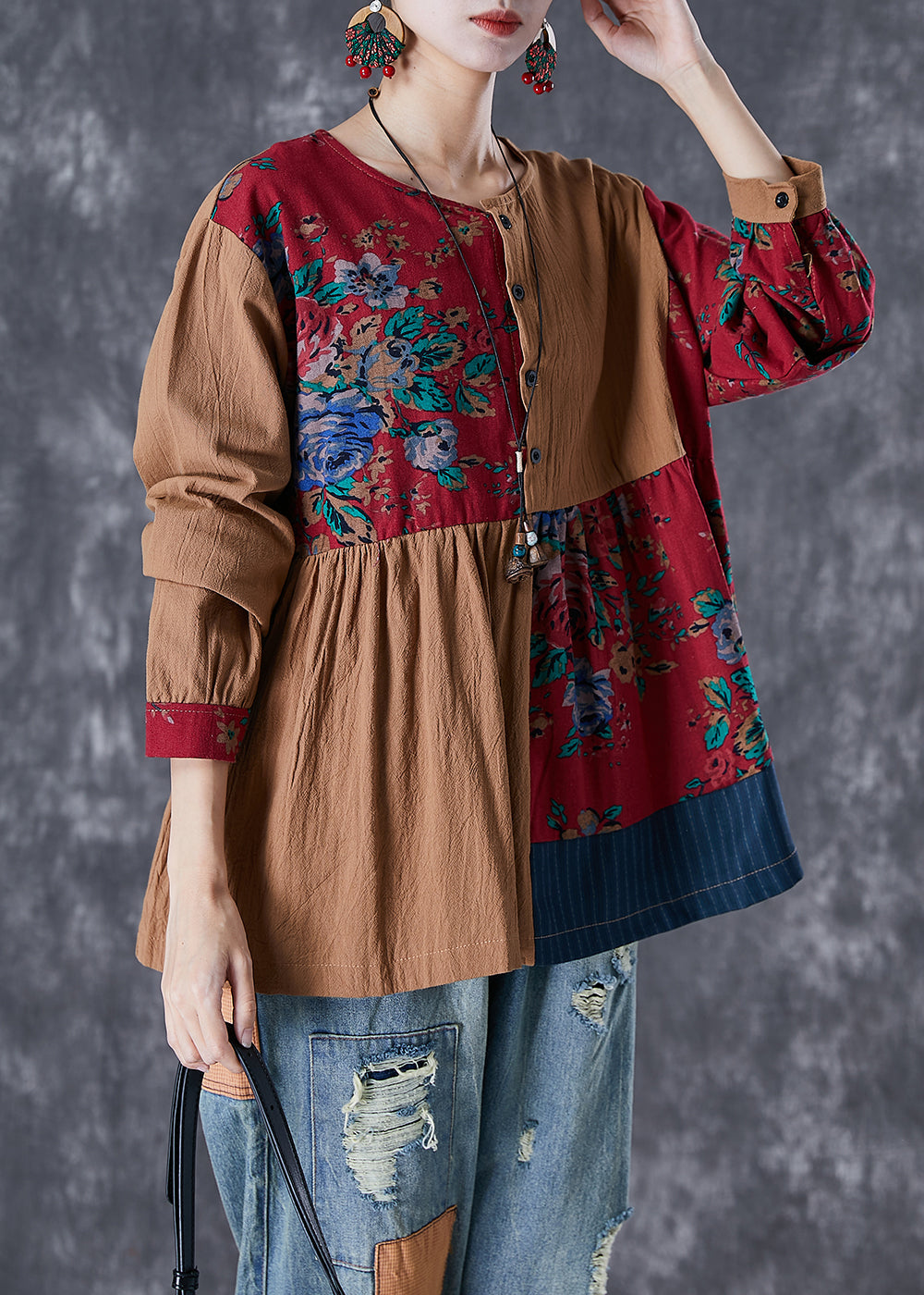 Colorblock Oversized Patchwork Linen Top Fall