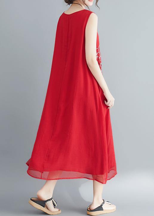Buy Red Cotton Blended Robes Shirts Sleeveless Embroidery Long Summer Dress