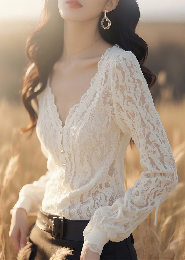 Slim Fit White V Neck Button Lace Blouses Fall