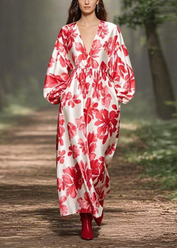Red V Neck Print Pockets Silk Maxi Dresses Spring