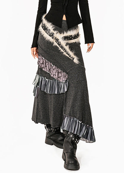 French Grey Fuzzy Fur Fluffy Patchwork High Waist Knit Fishtail Skirts Summer
