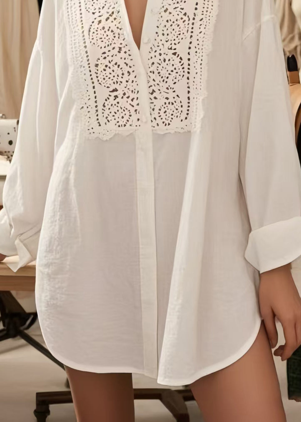 White V Neck Hollow Out Cotton Shirts Spring