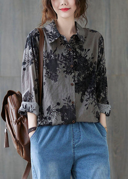 Unique Grey Peter Pan Collar Button Print Fall Blouses Long Sleeve
