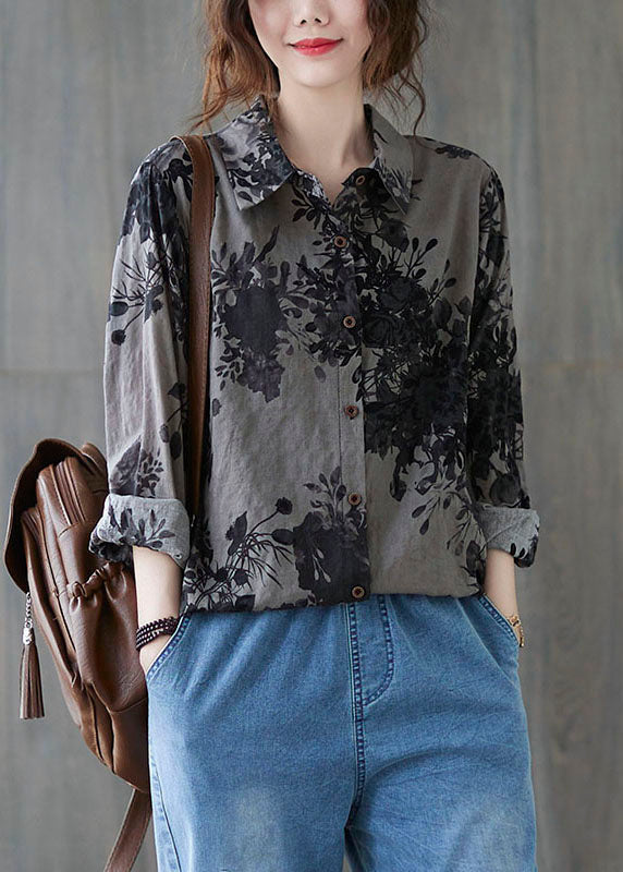 Unique Grey Peter Pan Collar Button Print Fall Blouses Long Sleeve