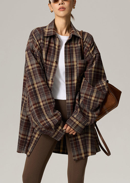 Coffee Plaid Peter Pan Collar Plaid Button Shirts Fall