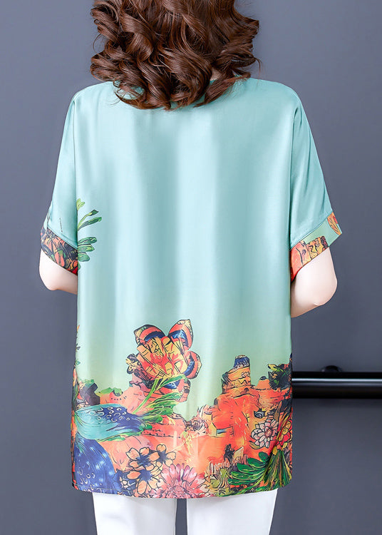 Green O-neck Print Silk Tops for Short Sleeve