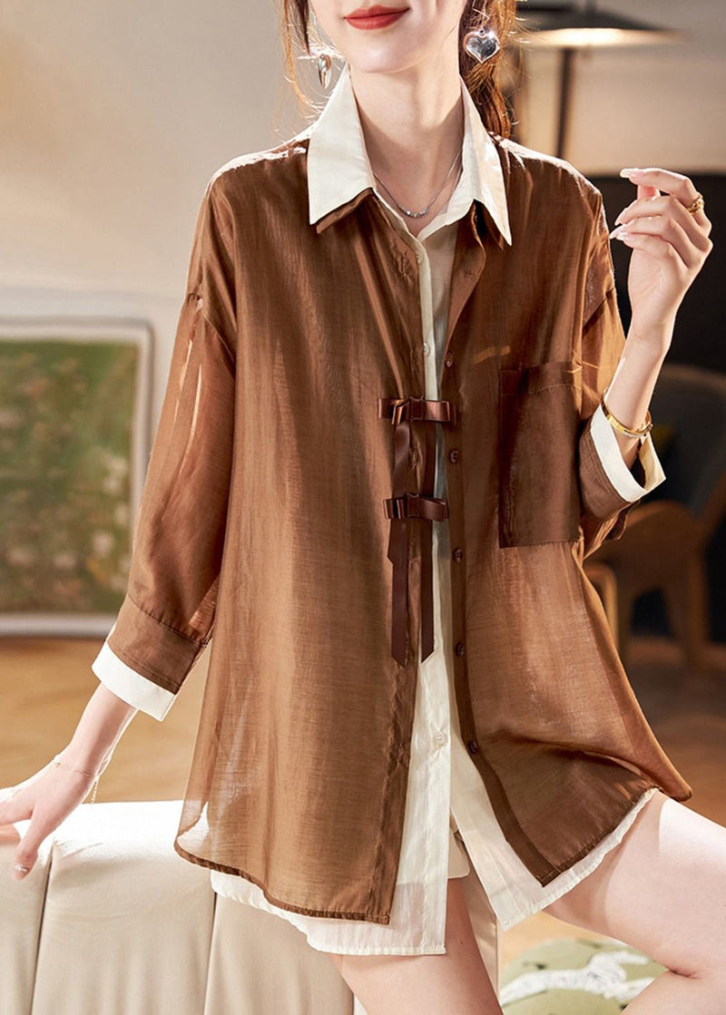 Style Coffee False Two Pieces Patchwork Chiffon Top Fall
