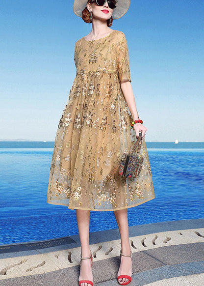 Unique Yellow Embroideried Patchwork Tulle Maxi Dress Summer