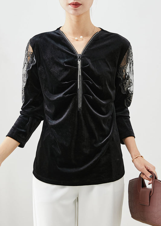 Black V Neck Hollow Out Silk Velour Blouses Fall