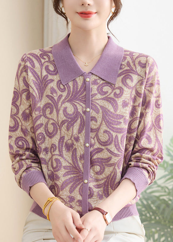 Purple Peter Pan Collar Print Knit Sweaters Fall