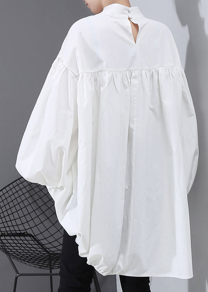 Italian White Drawstring Stand Collar Tops Puff Sleeve