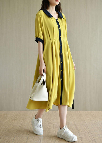Handmade Yellow Square Collar Button Summer Chiffon Dresses Half Sleeve