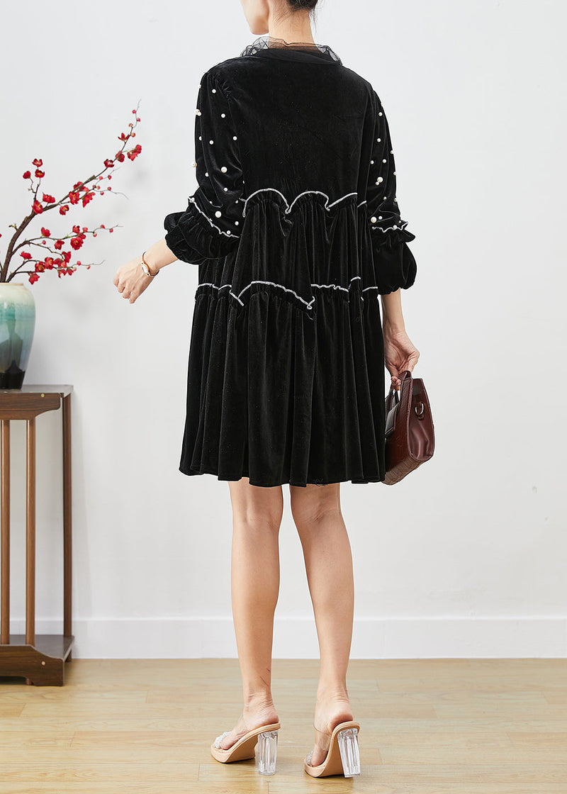 Black Ruffled Patchwork Nail Bead Silk Velour Maxi Dresses Fall