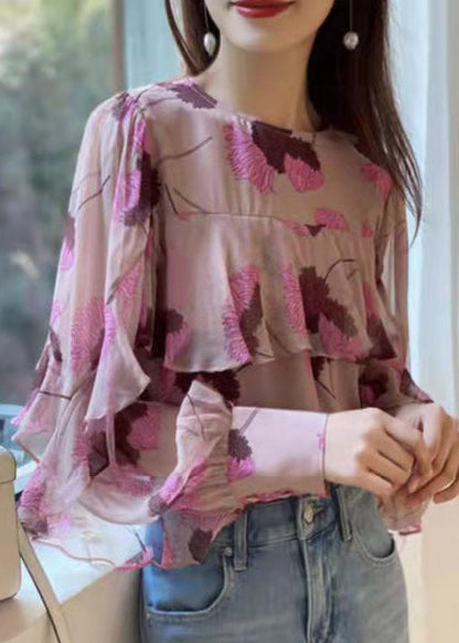Pink Ruffled O-neck Print Patchwork Chiffon Shirt Long Sleeve