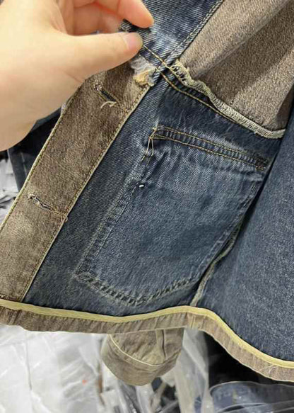Colorblock Peter Pan Collar Button Pockets Denim Coats Fall